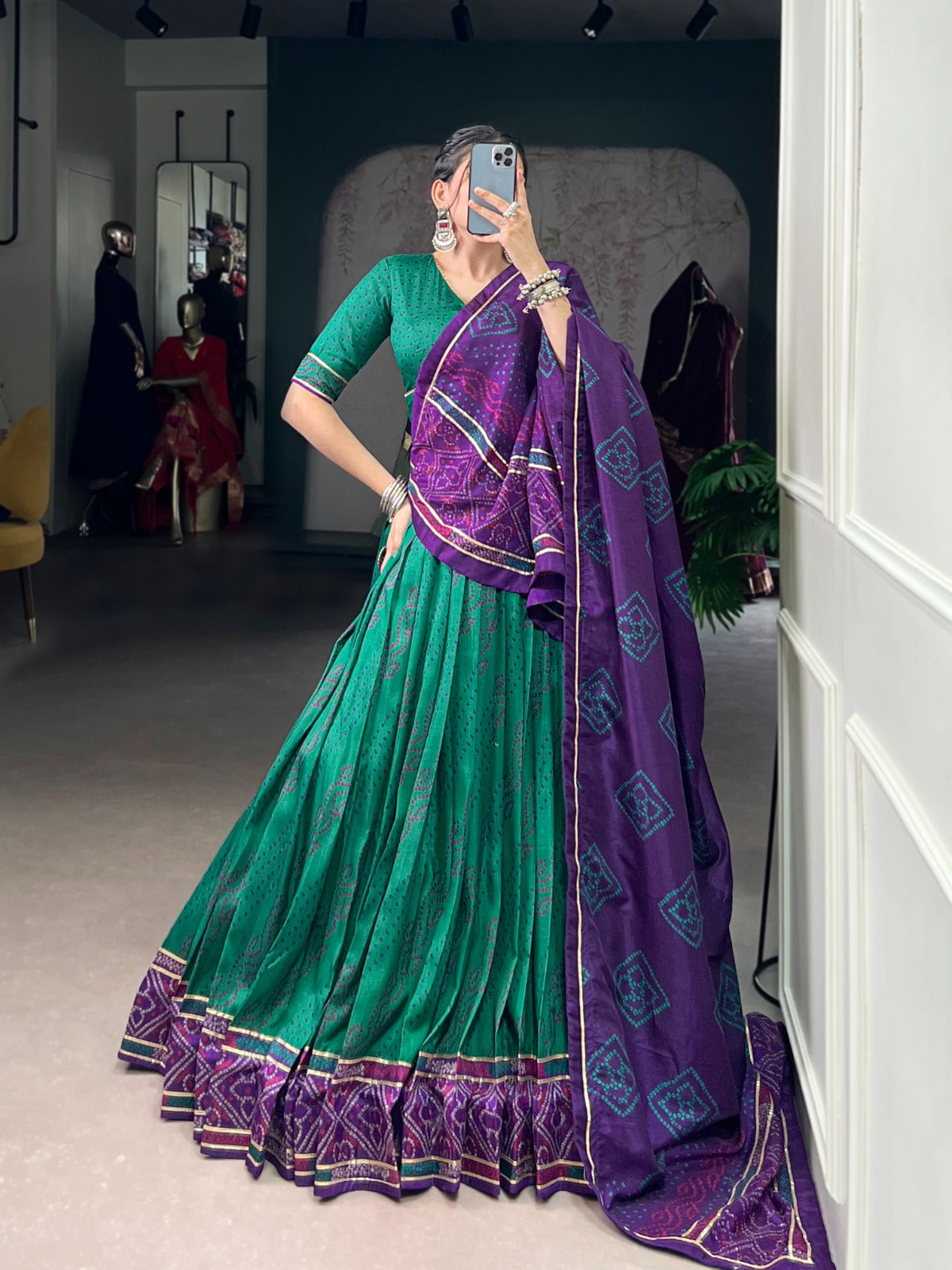 Lorenvalley Fashion Green Tasar Silk Bandhej Print With Gotta Patti Lace Touch Up Lehenga Choli with Dupatta | Grocsy