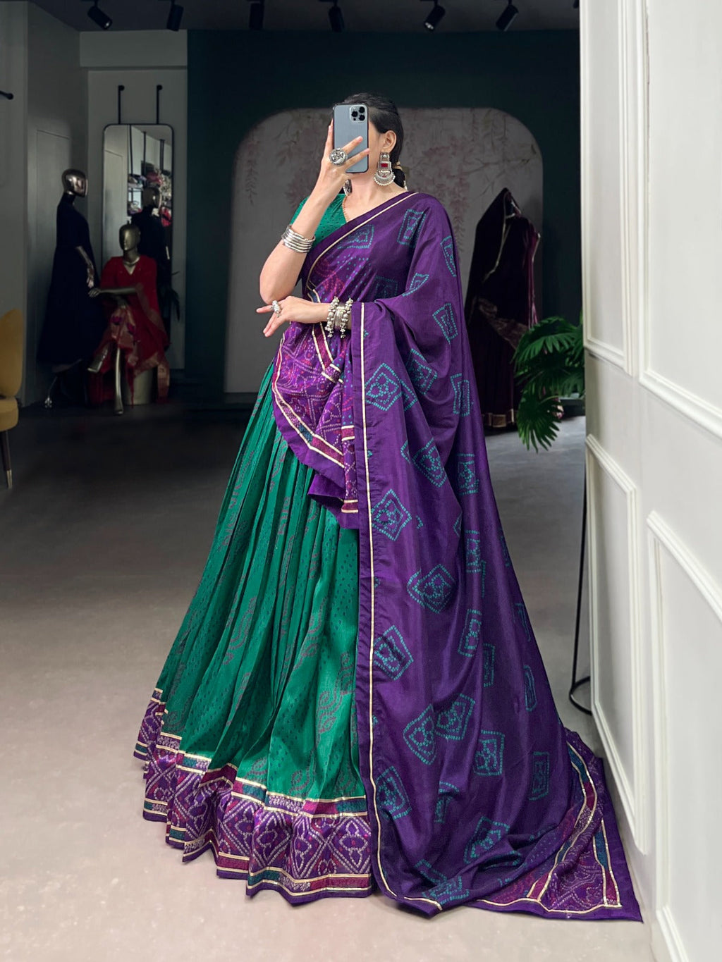 Lorenvalley Fashion Green Tasar Silk Bandhej Print With Gotta Patti Lace Touch Up Lehenga Choli with Dupatta | Grocsy