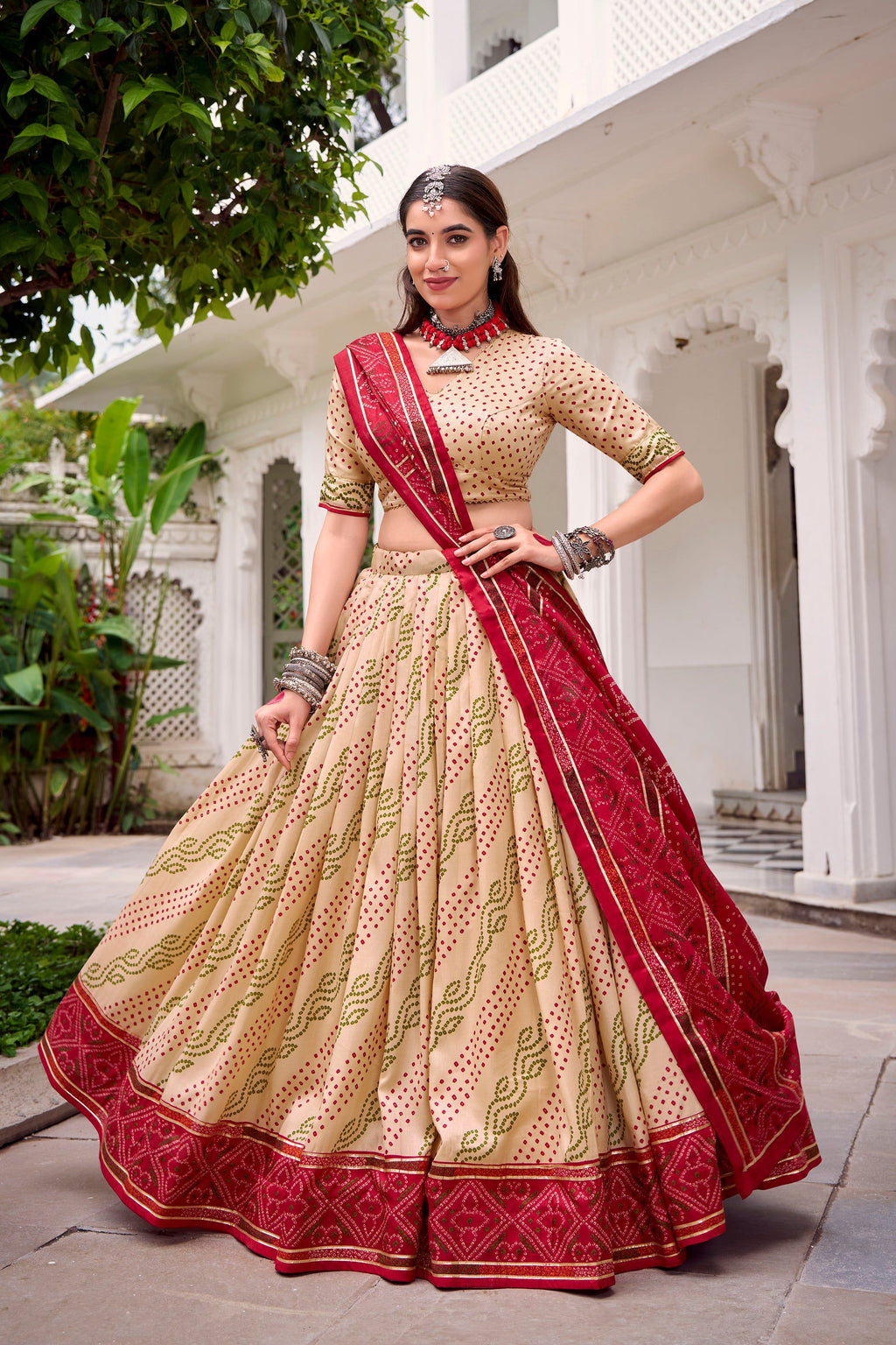 Lorenvalley Fashion Offwhite Tasar Silk Bandhej Print With Gotta Patti Lace Touch Up Lehenga Choli with Dupatta | Grocsy
