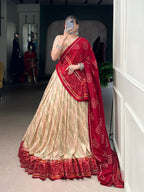 Lorenvalley Fashion Offwhite Tasar Silk Bandhej Print With Gotta Patti Lace Touch Up Lehenga Choli with Dupatta | Grocsy