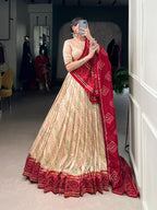 Lorenvalley Fashion Offwhite Tasar Silk Bandhej Print With Gotta Patti Lace Touch Up Lehenga Choli with Dupatta | Grocsy