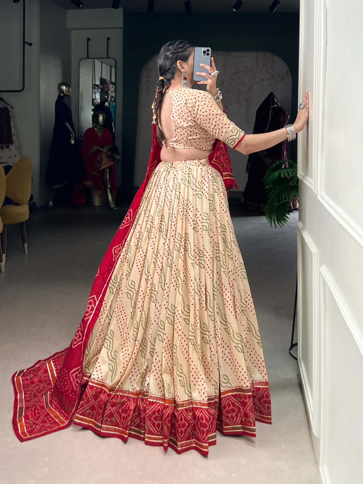 Lorenvalley Fashion Offwhite Tasar Silk Bandhej Print With Gotta Patti Lace Touch Up Lehenga Choli with Dupatta | Grocsy