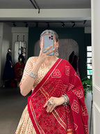 Lorenvalley Fashion Offwhite Tasar Silk Bandhej Print With Gotta Patti Lace Touch Up Lehenga Choli with Dupatta | Grocsy