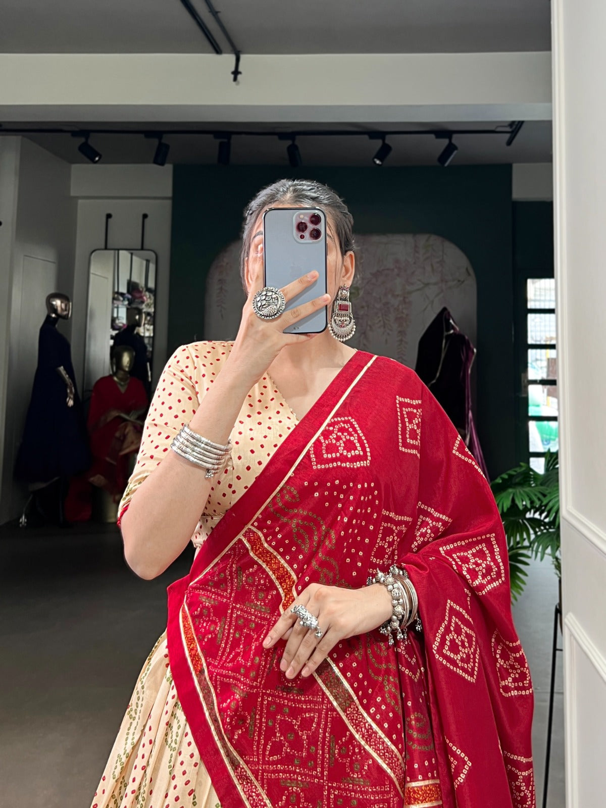 Lorenvalley Fashion Offwhite Tasar Silk Bandhej Print With Gotta Patti Lace Touch Up Lehenga Choli with Dupatta | Grocsy
