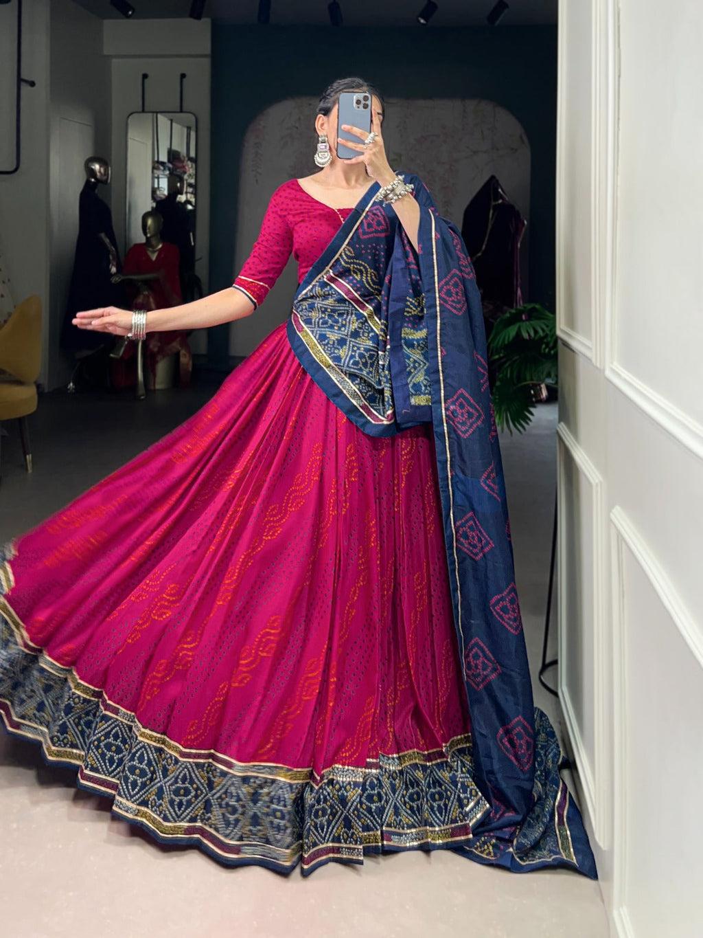 Lorenvalley Fashion Pink Tasar Silk Bandhej Print With Gotta Patti Lace Touch Up Lehenga Choli with Dupatta | Grocsy