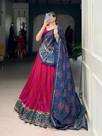 Lorenvalley Fashion Pink Tasar Silk Bandhej Print With Gotta Patti Lace Touch Up Lehenga Choli with Dupatta | Grocsy
