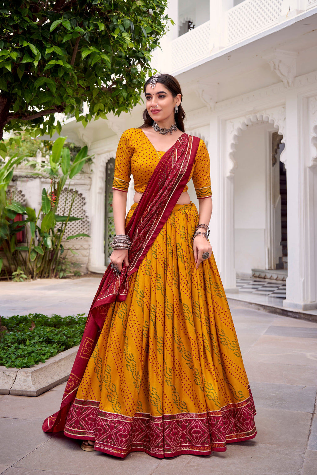 Lorenvalley Fashion Yellow Tasar Silk Bandhej Print With Gotta Patti Lace Touch Up Lehenga Choli with Dupatta | Grocsy