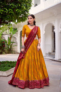 Lorenvalley Fashion Yellow Tasar Silk Bandhej Print With Gotta Patti Lace Touch Up Lehenga Choli with Dupatta | Grocsy