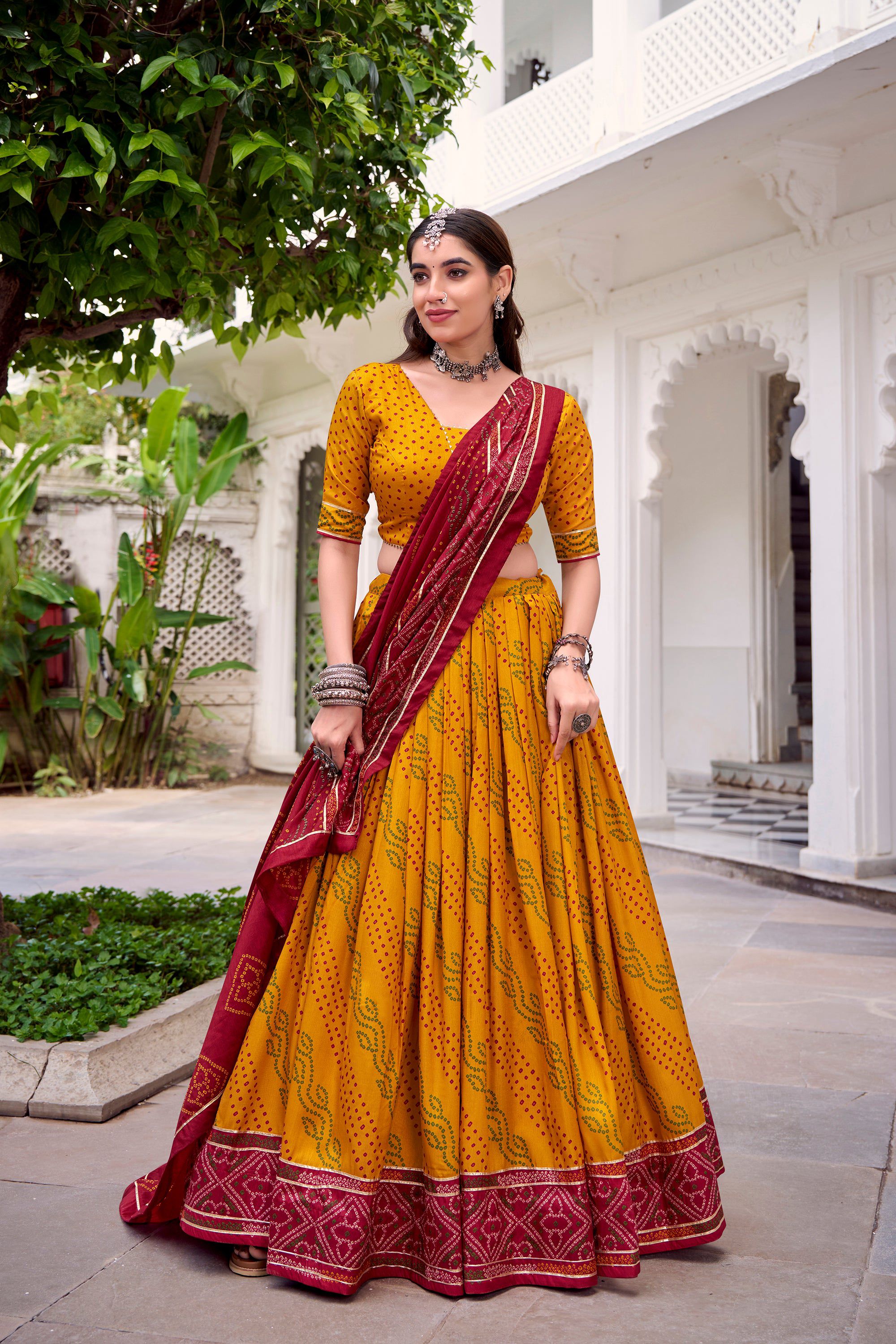 Lorenvalley Fashion Yellow Tasar Silk Bandhej Print With Gotta Patti Lace Touch Up Lehenga Choli with Dupatta | Grocsy