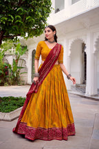 Lorenvalley Fashion Yellow Tasar Silk Bandhej Print With Gotta Patti Lace Touch Up Lehenga Choli with Dupatta | Grocsy