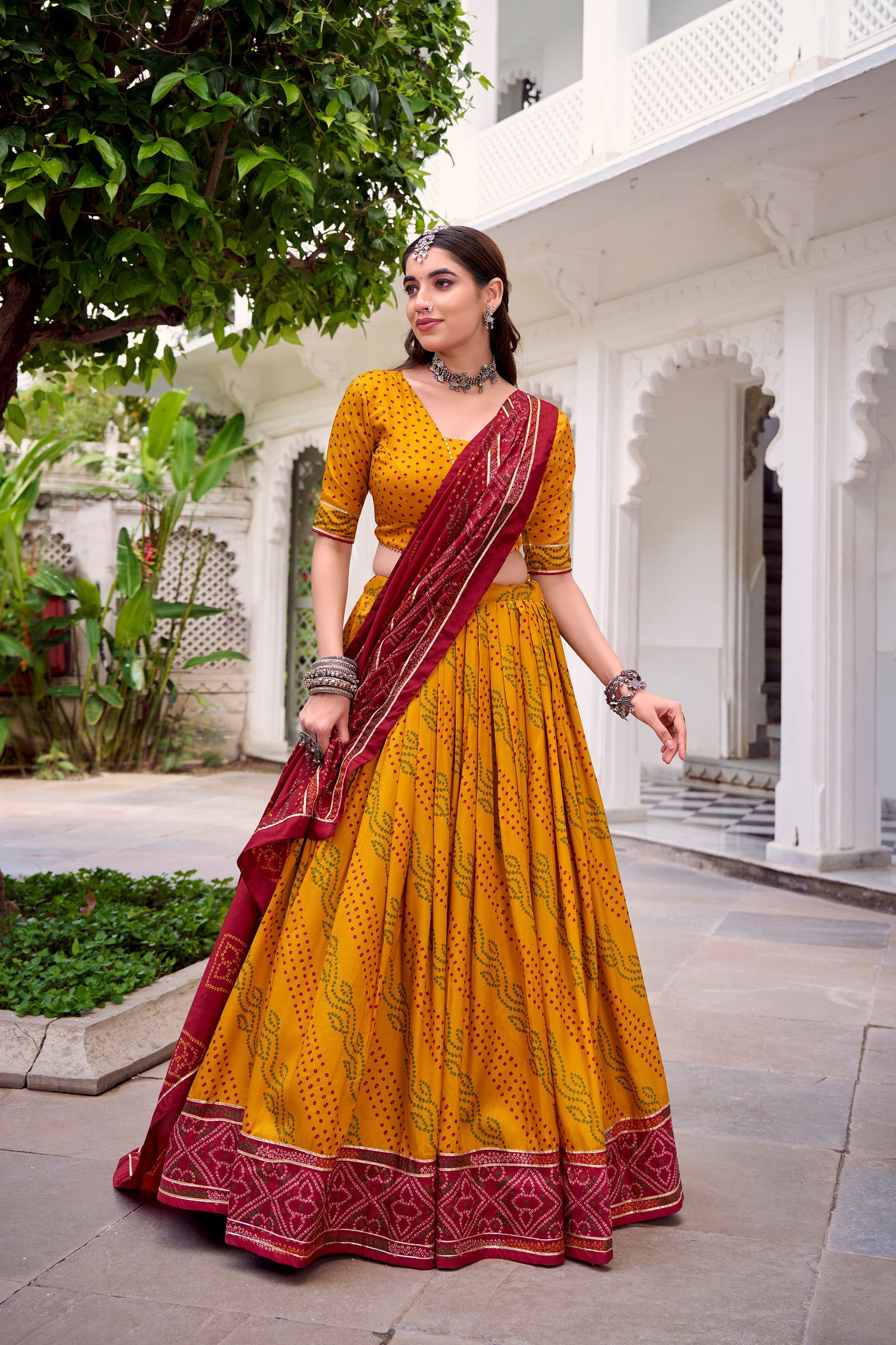 Lorenvalley Fashion Yellow Tasar Silk Bandhej Print With Gotta Patti Lace Touch Up Lehenga Choli with Dupatta | Grocsy