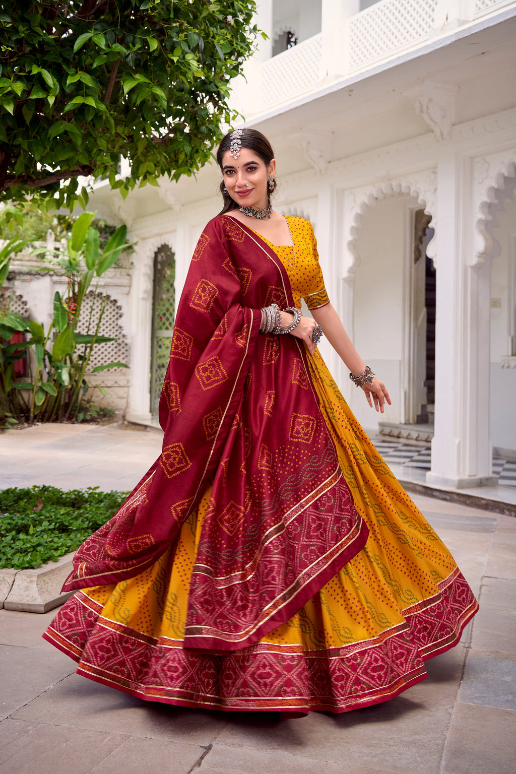 Lorenvalley Fashion Yellow Tasar Silk Bandhej Print With Gotta Patti Lace Touch Up Lehenga Choli with Dupatta | Grocsy