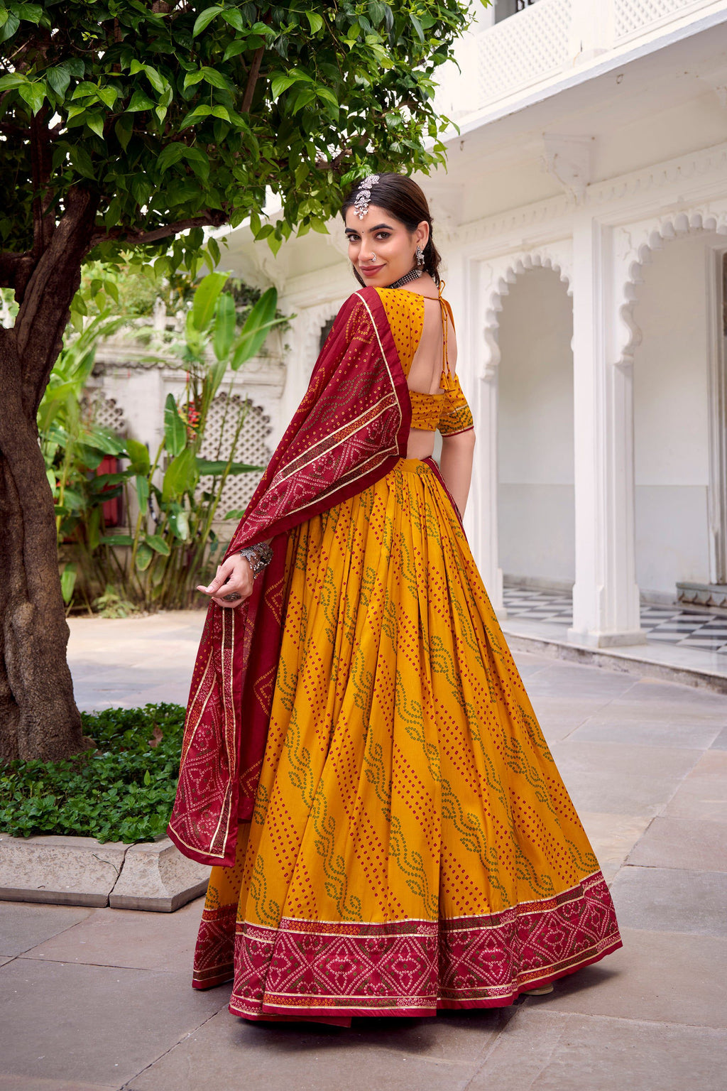 Lorenvalley Fashion Yellow Tasar Silk Bandhej Print With Gotta Patti Lace Touch Up Lehenga Choli with Dupatta | Grocsy