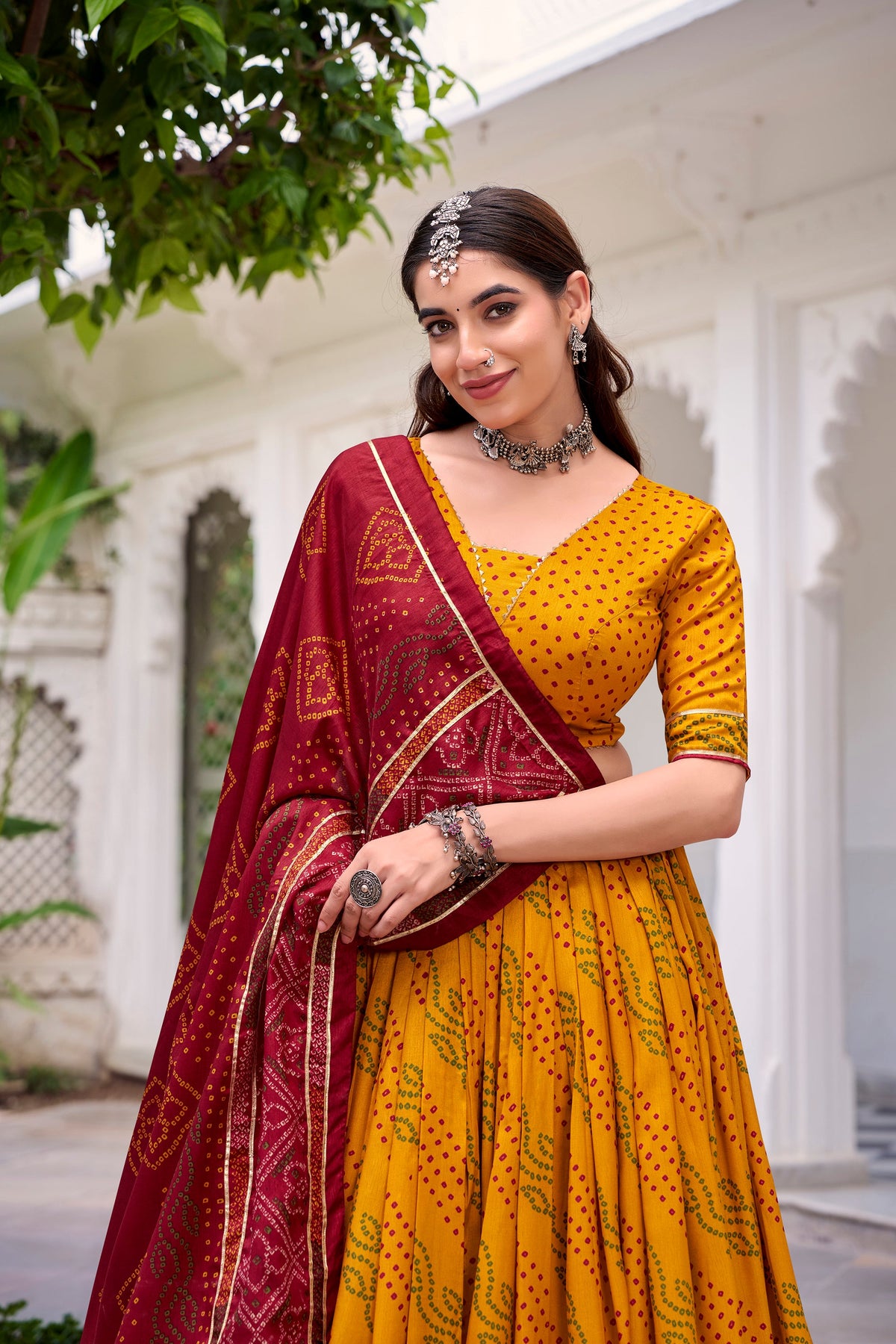Lorenvalley Fashion Yellow Tasar Silk Bandhej Print With Gotta Patti Lace Touch Up Lehenga Choli with Dupatta | Grocsy