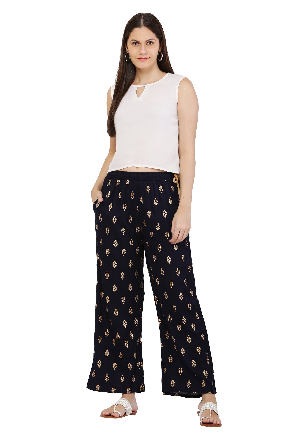 PAVONINE Black Color Full Golden Leaf Print Palazzo For Women Pant | Grocsy