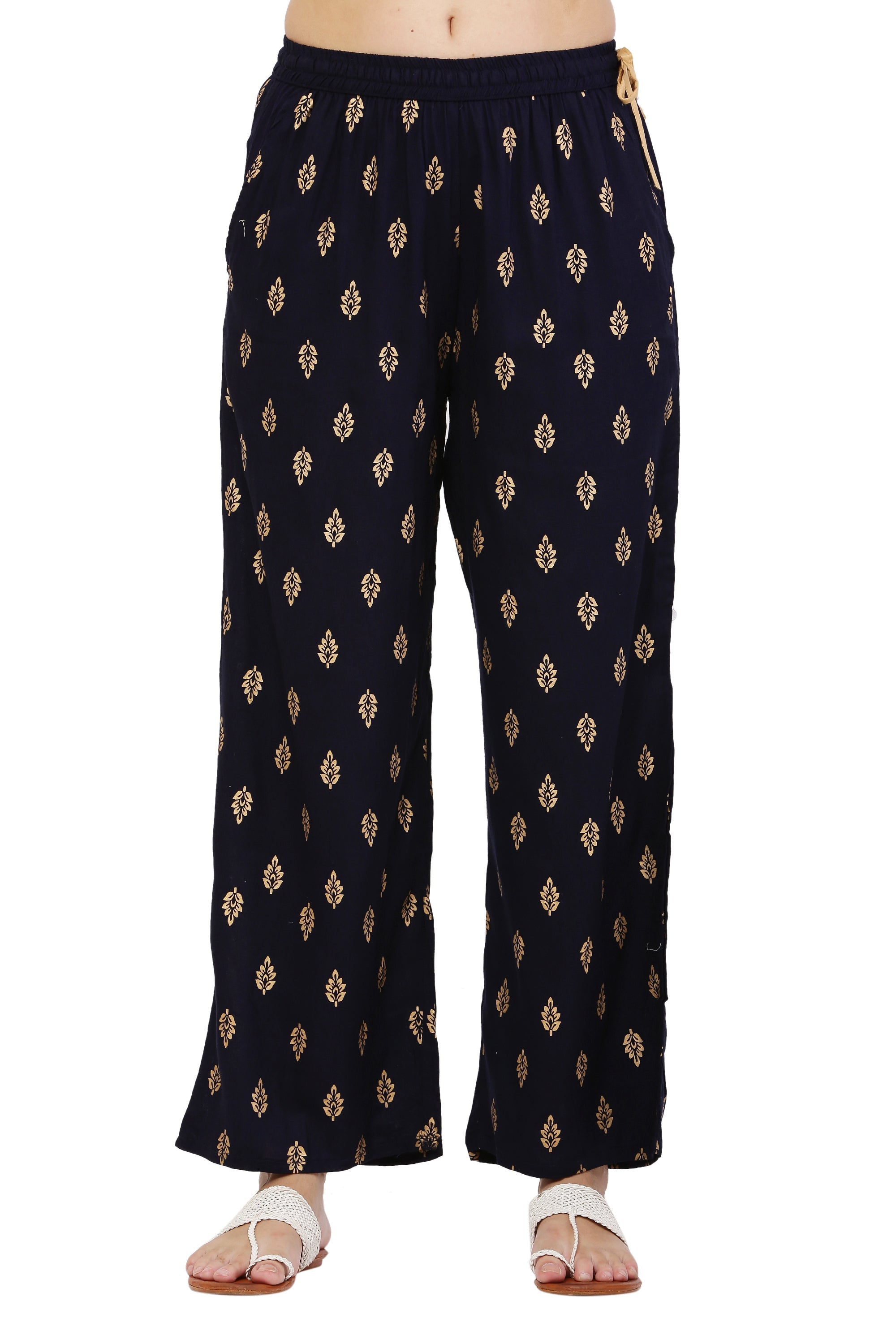 PAVONINE Black Color Full Golden Leaf Print Palazzo For Women Pant | Grocsy