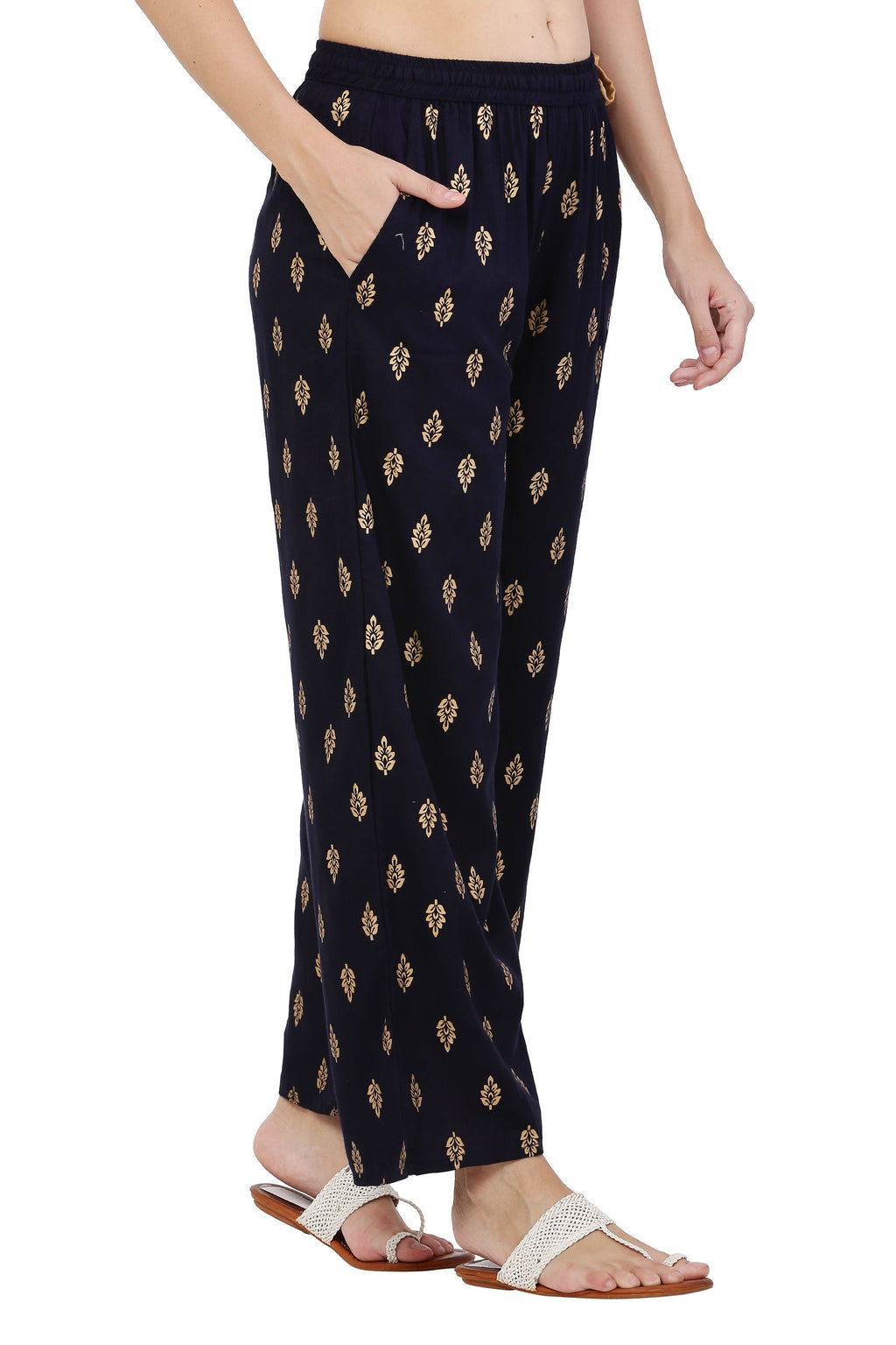 PAVONINE Black Color Full Golden Leaf Print Palazzo For Women Pant | Grocsy