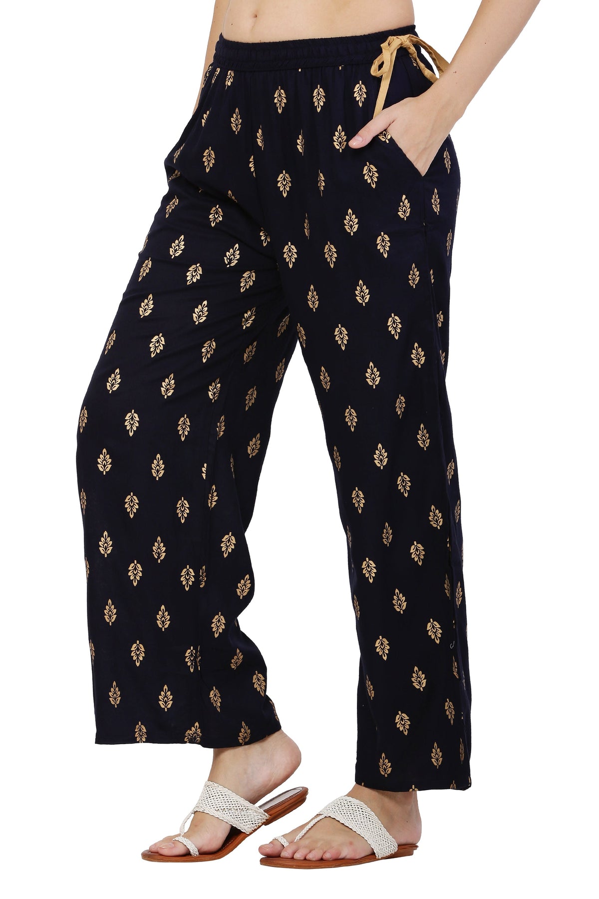 PAVONINE Black Color Full Golden Leaf Print Palazzo For Women Pant | Grocsy