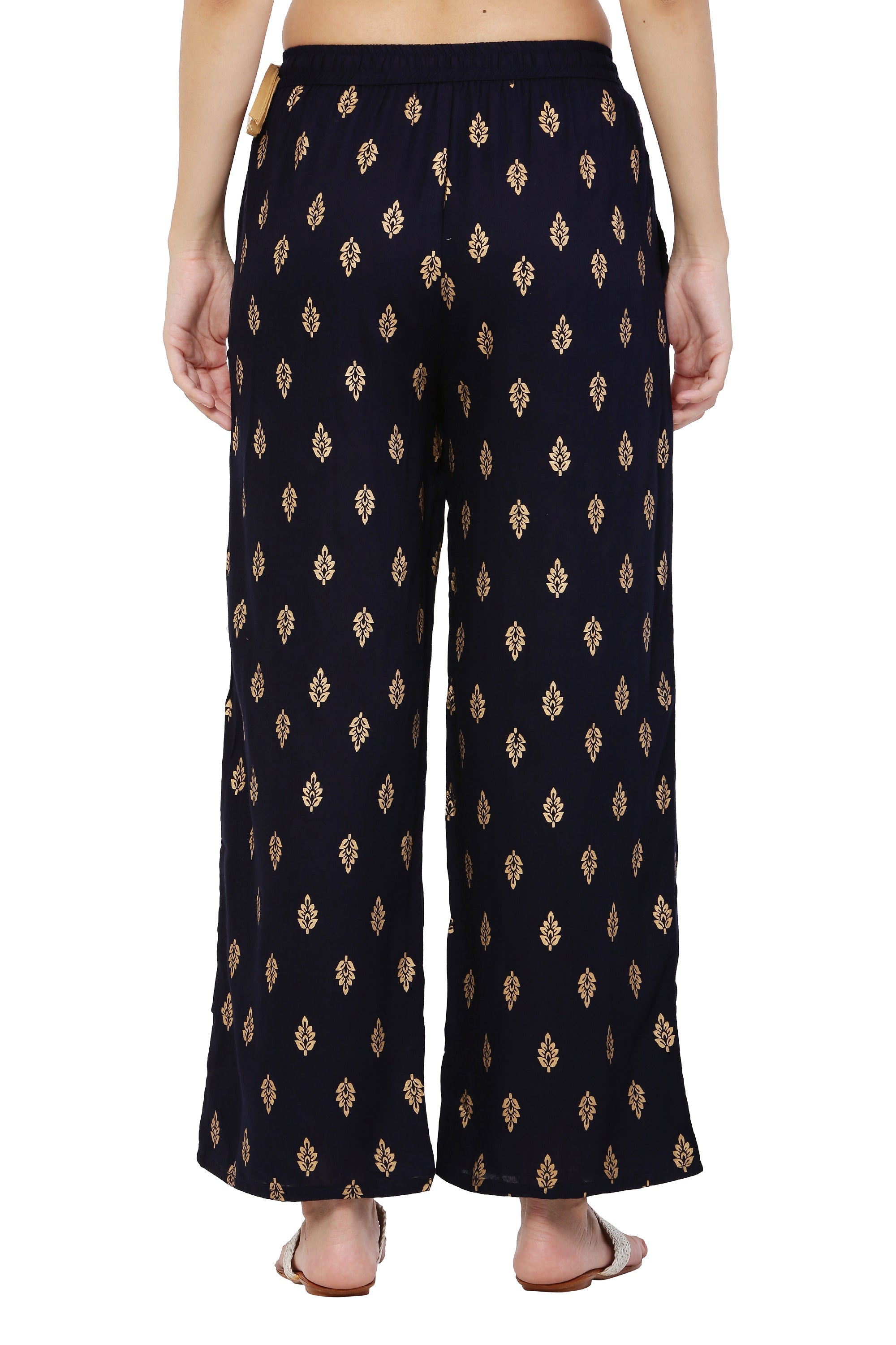 PAVONINE Black Color Full Golden Leaf Print Palazzo For Women Pant | Grocsy