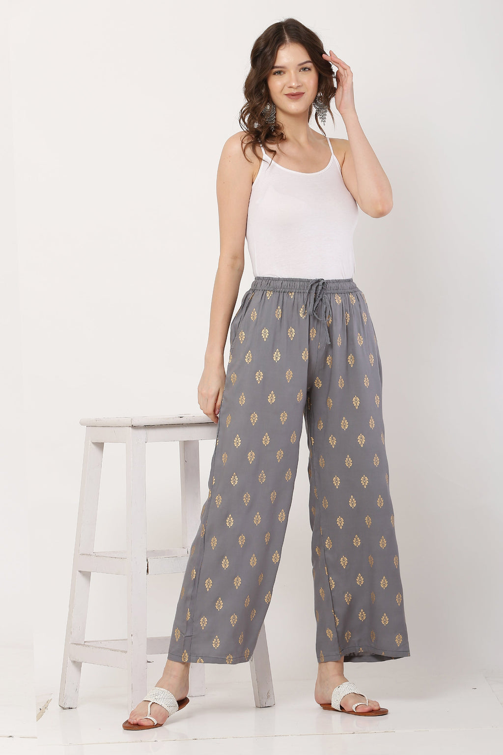 PAVONINE Grey Color Full Golden Leaf Print Palazzo For Women Pant | Grocsy