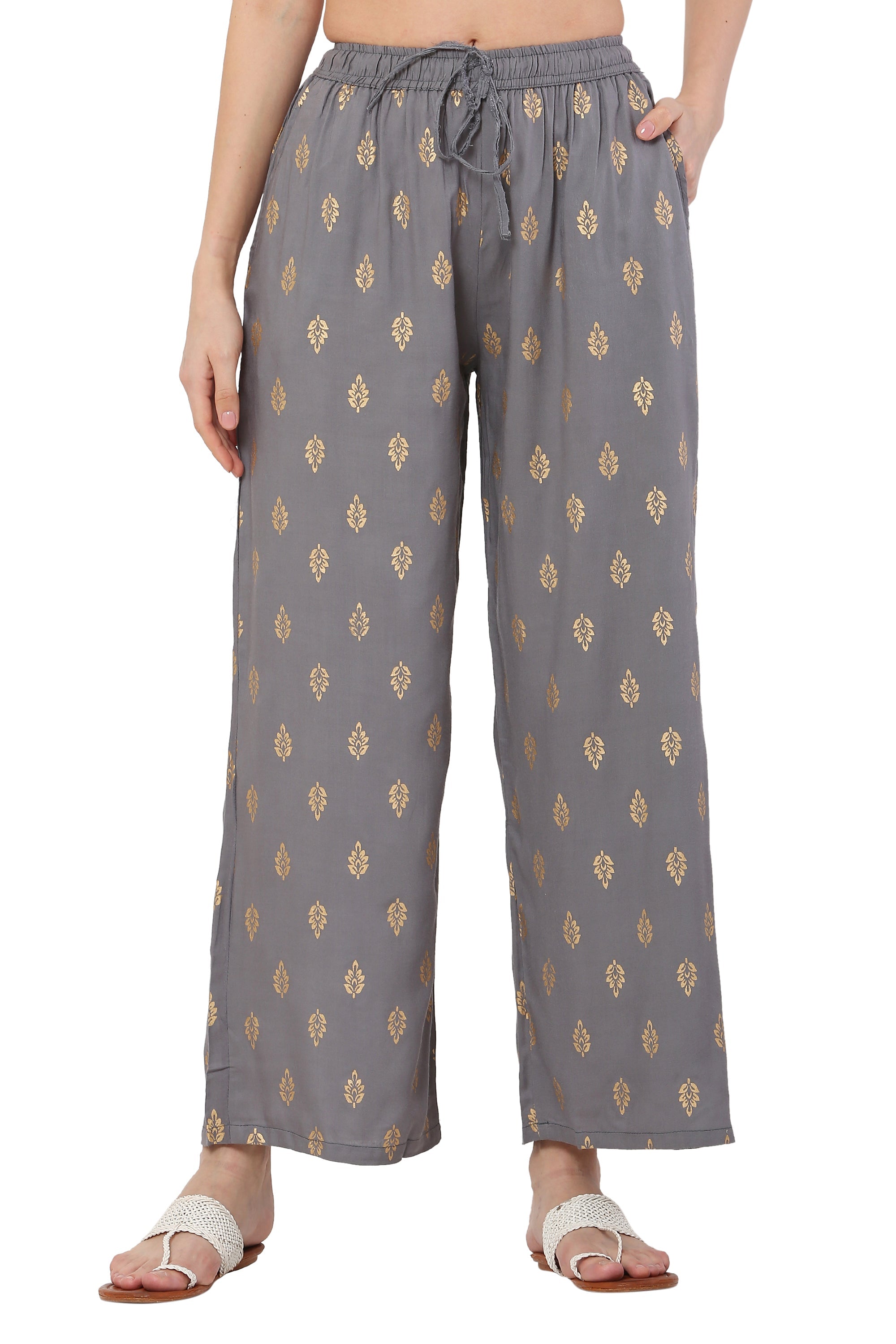PAVONINE Grey Color Full Golden Leaf Print Palazzo For Women Pant | Grocsy