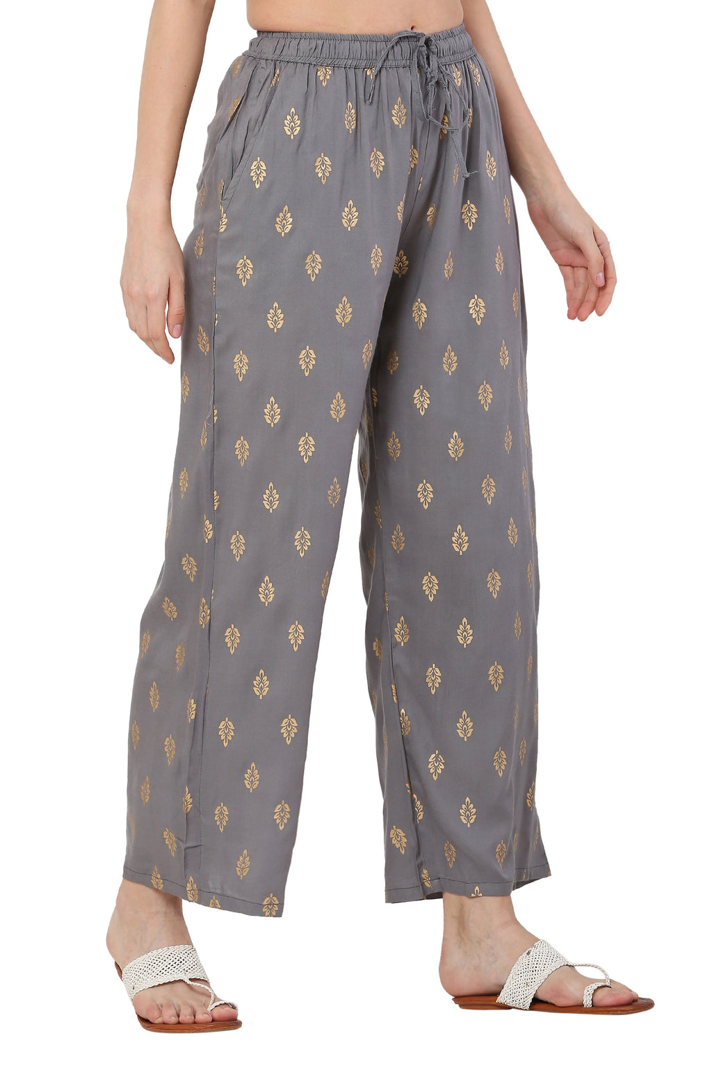 PAVONINE Grey Color Full Golden Leaf Print Palazzo For Women Pant | Grocsy