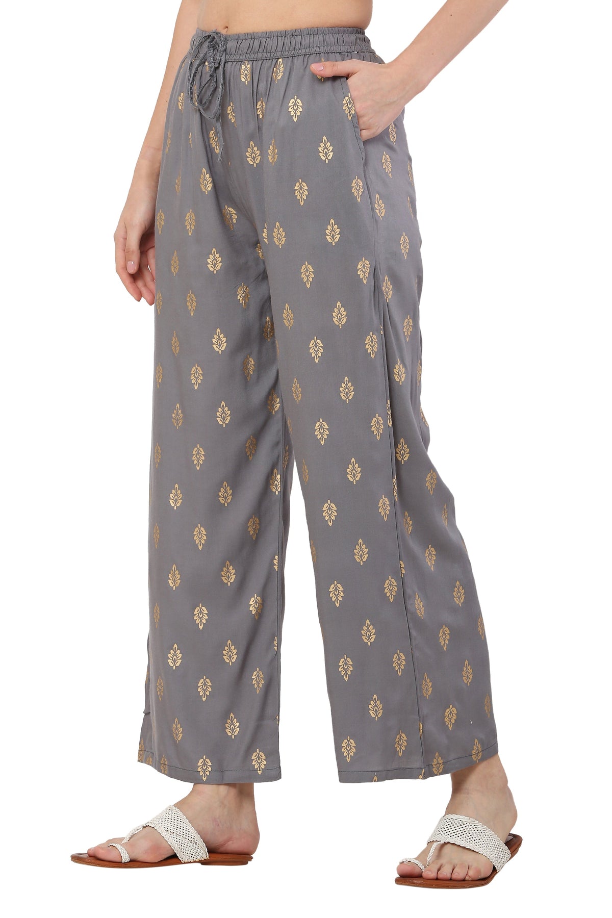 PAVONINE Grey Color Full Golden Leaf Print Palazzo For Women Pant | Grocsy
