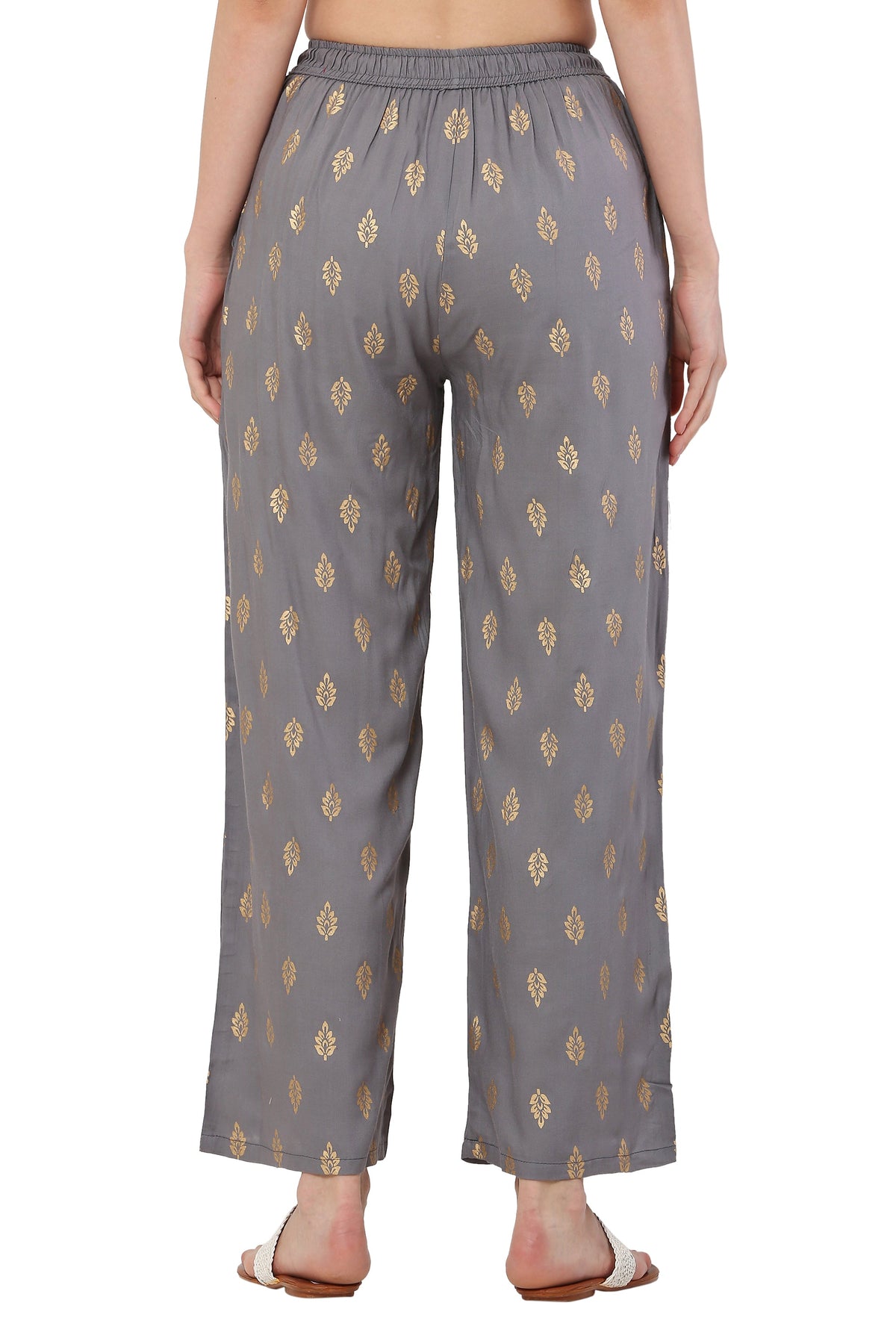 PAVONINE Grey Color Full Golden Leaf Print Palazzo For Women Pant | Grocsy