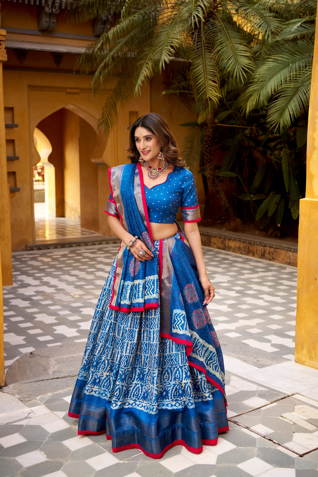 Lorenvalley Fashion Blue Dola Silk Batik Print with Zari Weaving Work Lehenga Choli with Dupatta | Grocsy