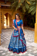 Lorenvalley Fashion Blue Dola Silk Batik Print with Zari Weaving Work Lehenga Choli with Dupatta | Grocsy