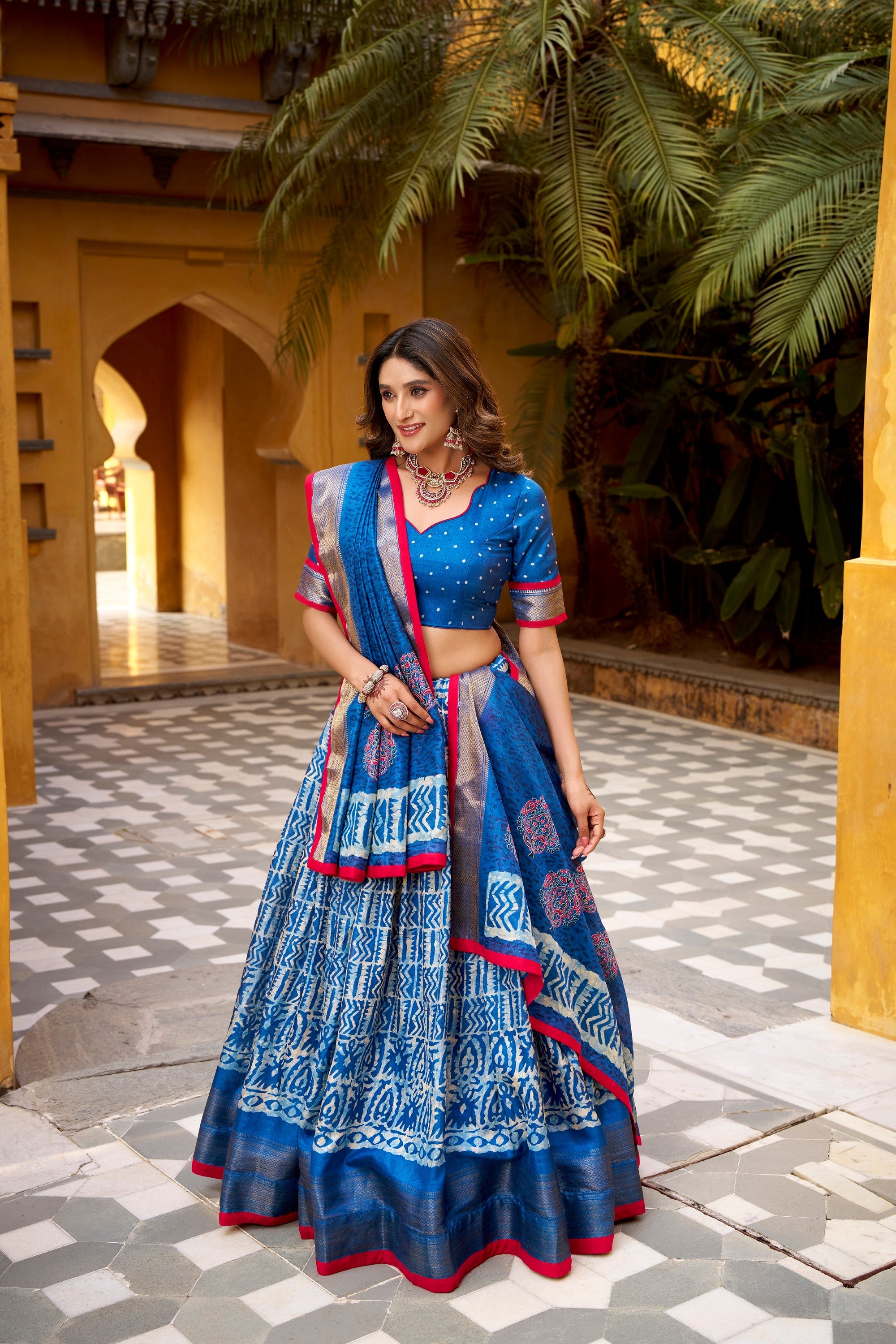 Lorenvalley Fashion Blue Dola Silk Batik Print with Zari Weaving Work Lehenga Choli with Dupatta | Grocsy