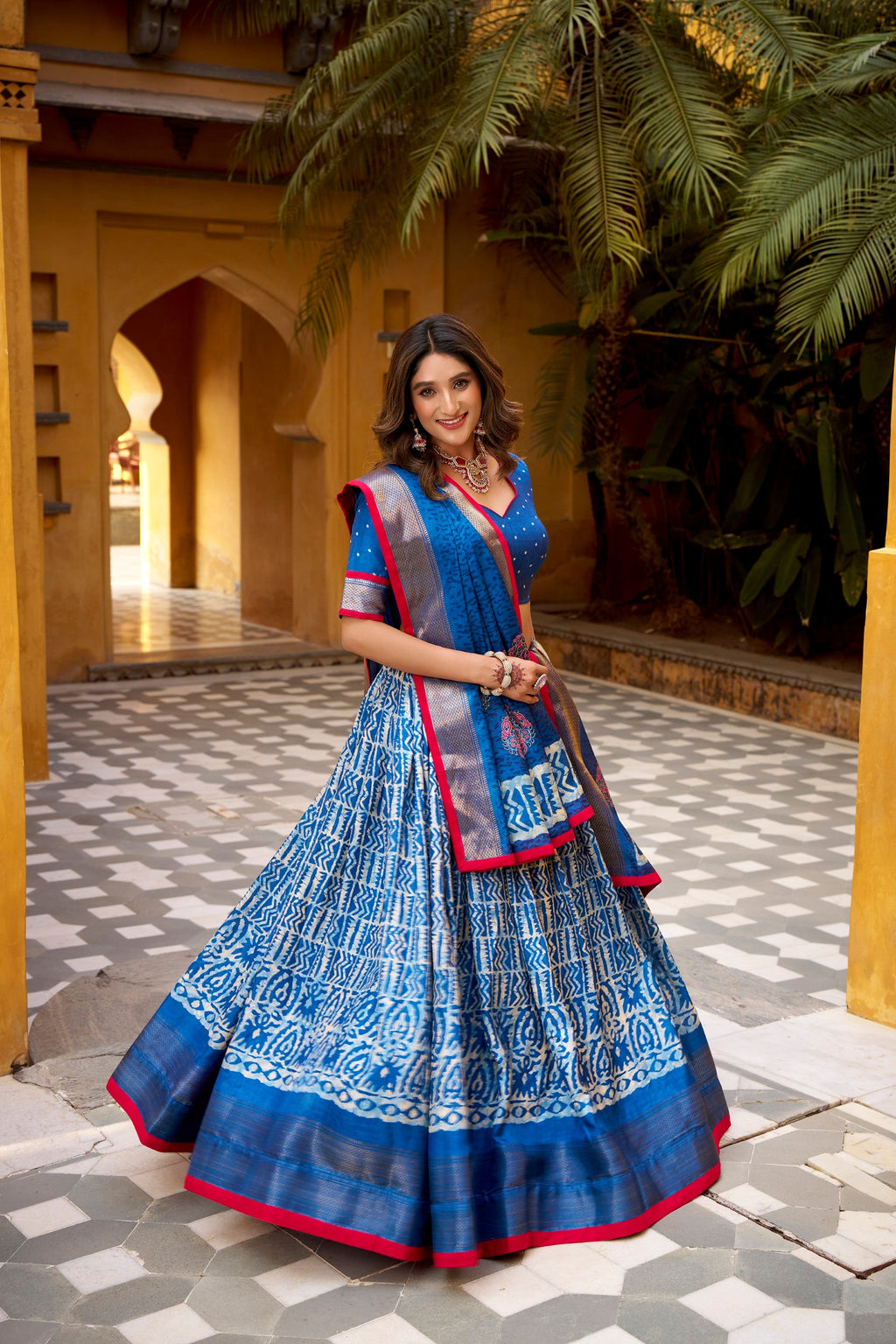 Lorenvalley Fashion Blue Dola Silk Batik Print with Zari Weaving Work Lehenga Choli with Dupatta | Grocsy