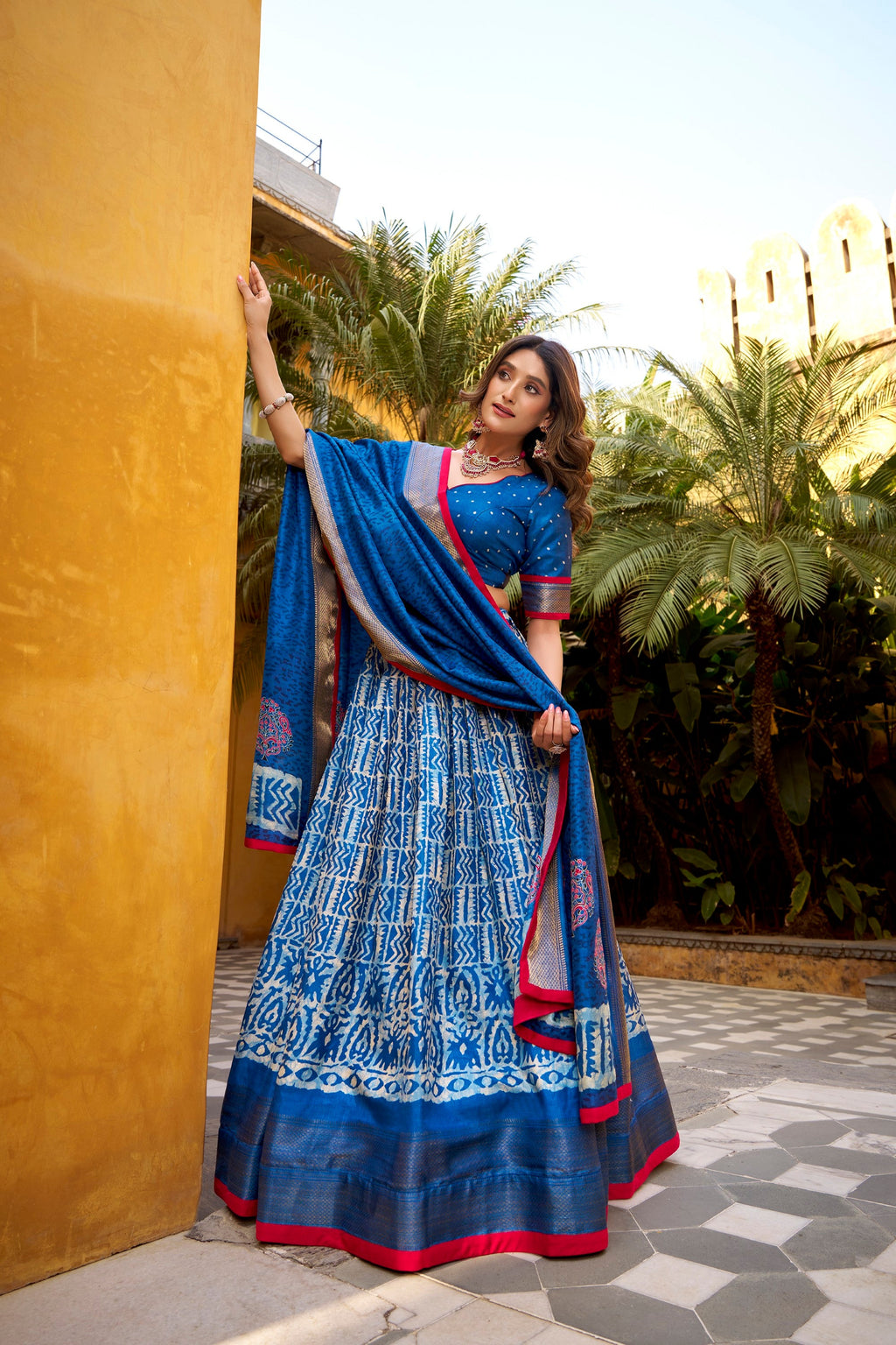 Lorenvalley Fashion Blue Dola Silk Batik Print with Zari Weaving Work Lehenga Choli with Dupatta | Grocsy