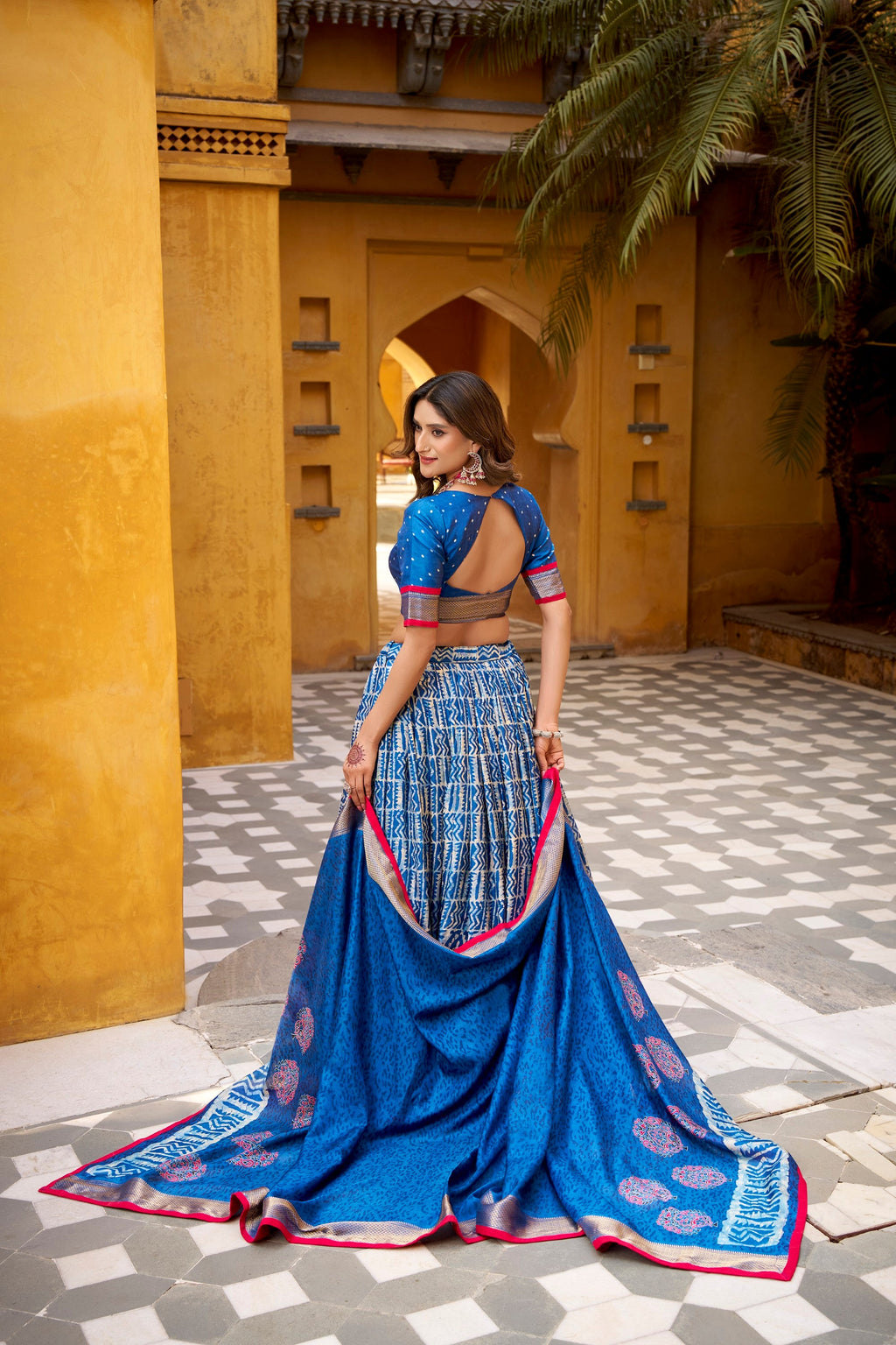 Lorenvalley Fashion Blue Dola Silk Batik Print with Zari Weaving Work Lehenga Choli with Dupatta | Grocsy