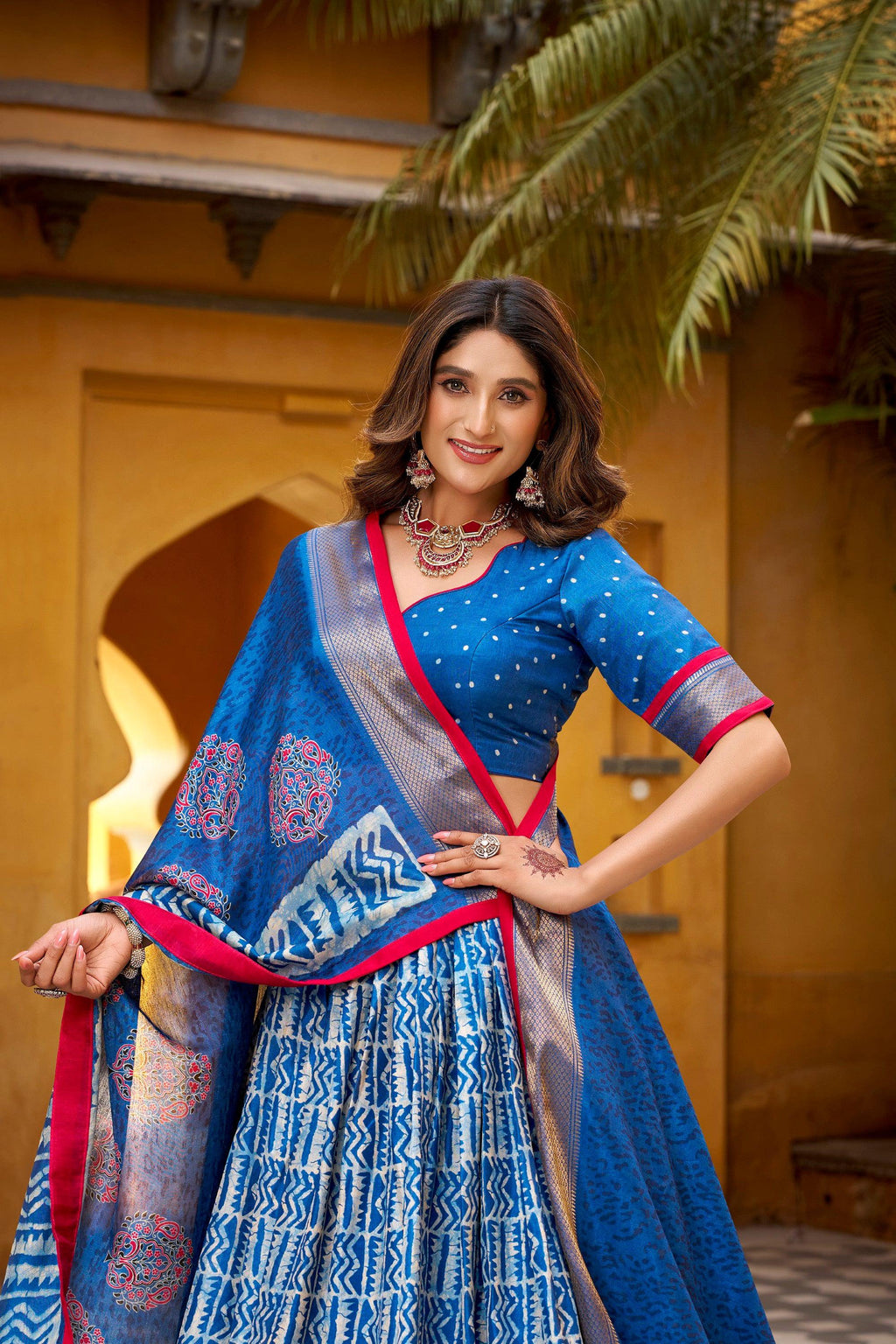 Lorenvalley Fashion Blue Dola Silk Batik Print with Zari Weaving Work Lehenga Choli with Dupatta | Grocsy