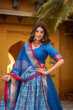 Lorenvalley Fashion Blue Dola Silk Batik Print with Zari Weaving Work Lehenga Choli with Dupatta | Grocsy