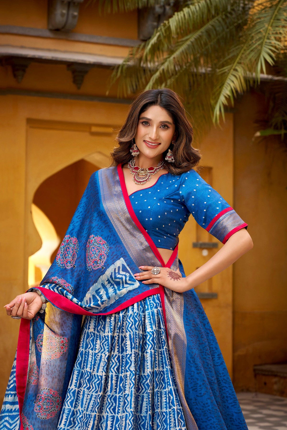 Lorenvalley Fashion Blue Dola Silk Batik Print with Zari Weaving Work Lehenga Choli with Dupatta | Grocsy