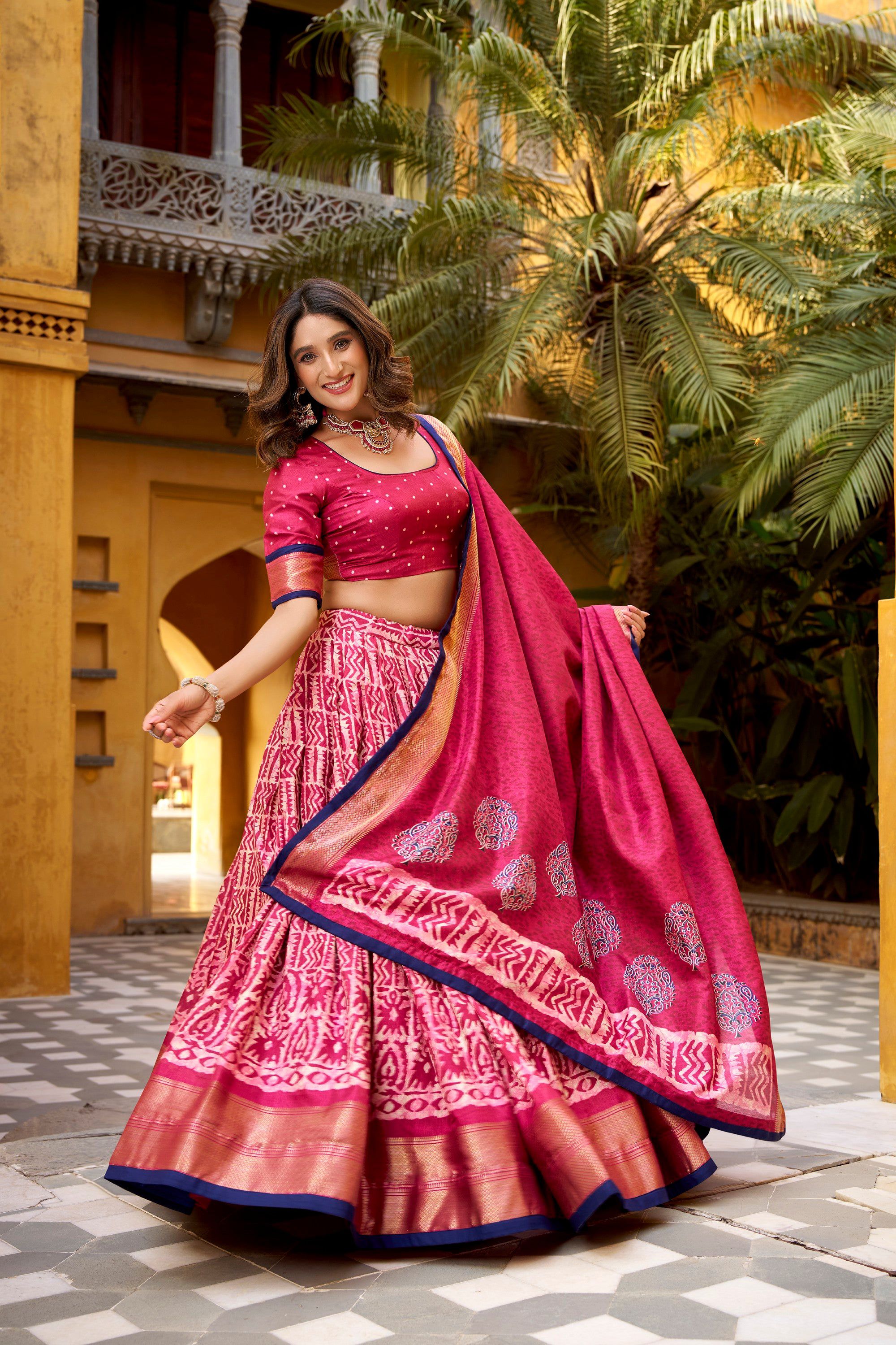 Lorenvalley Fashion Gajari Dola Silk Batik Print with Zari Weaving Work Lehenga Choli with Dupatta | Grocsy