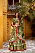 Lorenvalley Fashion Mehendi Dola Silk Batik Print with Zari Weaving Work Lehenga Choli with Dupatta | Grocsy