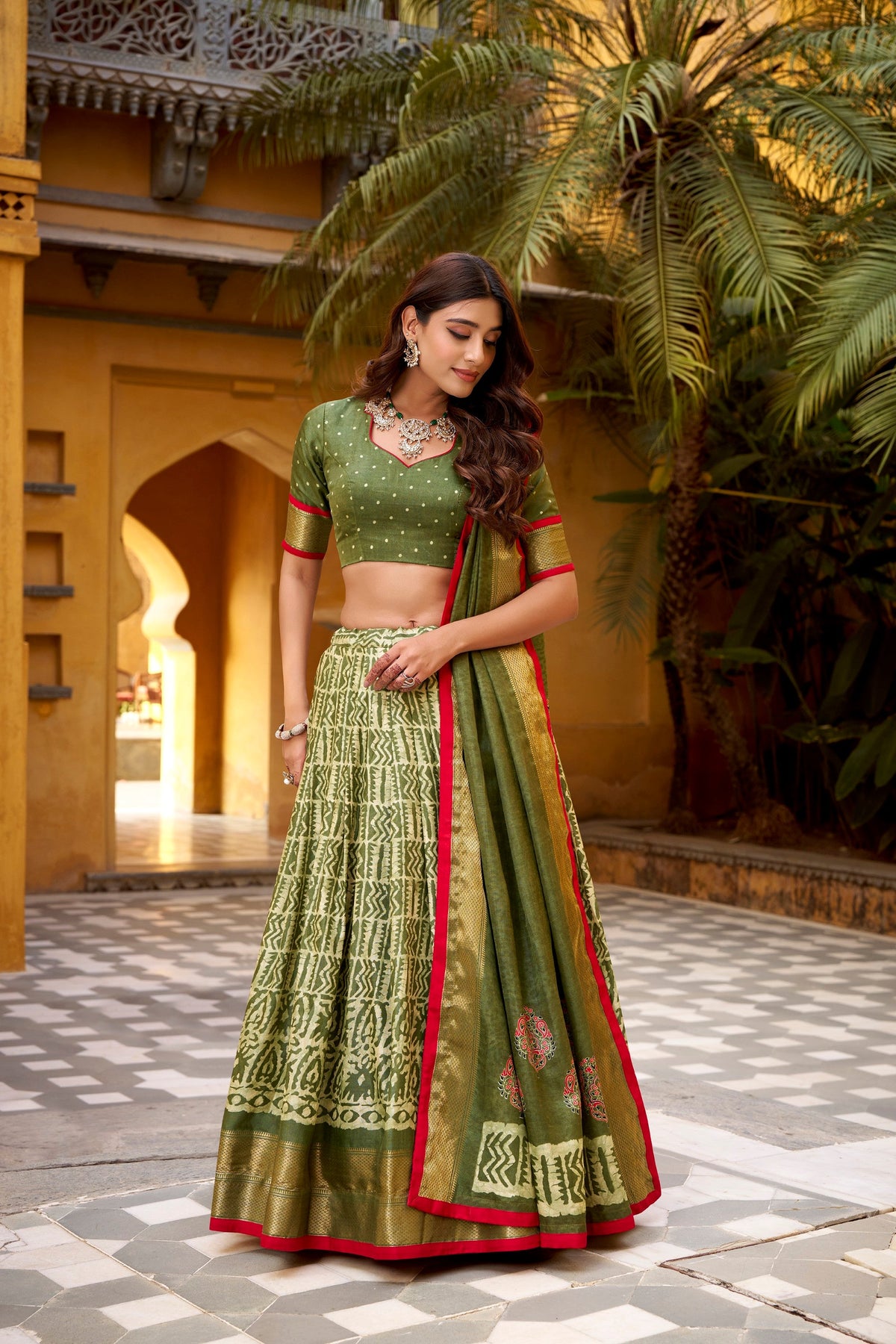 Lorenvalley Fashion Mehendi Dola Silk Batik Print with Zari Weaving Work Lehenga Choli with Dupatta | Grocsy