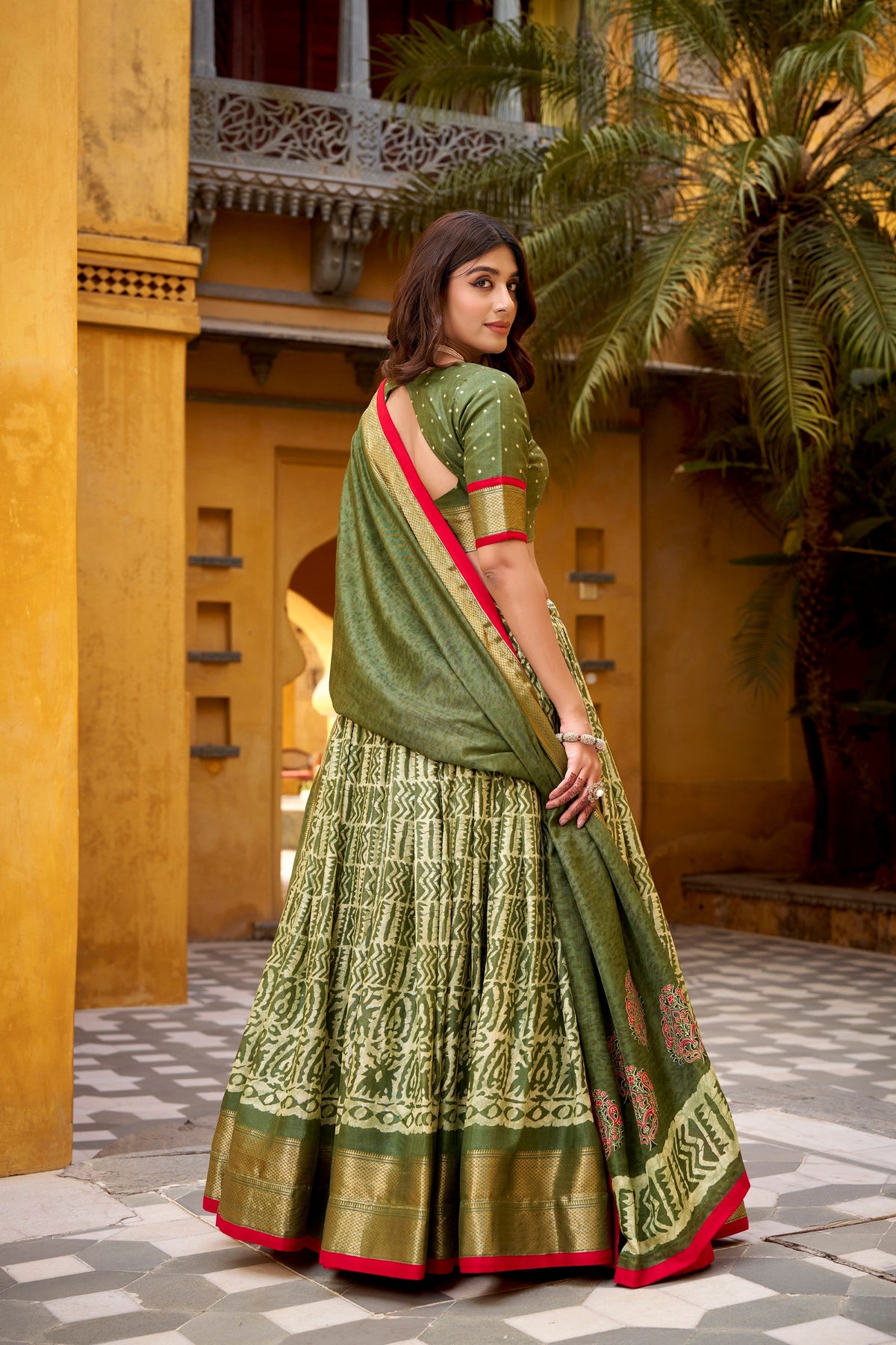 Lorenvalley Fashion Mehendi Dola Silk Batik Print with Zari Weaving Work Lehenga Choli with Dupatta | Grocsy