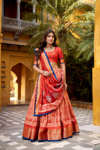 Lorenvalley Fashion Rust Dola Silk Batik Print with Zari Weaving Work Lehenga Choli with Dupatta | Grocsy