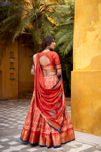Lorenvalley Fashion Rust Dola Silk Batik Print with Zari Weaving Work Lehenga Choli with Dupatta | Grocsy
