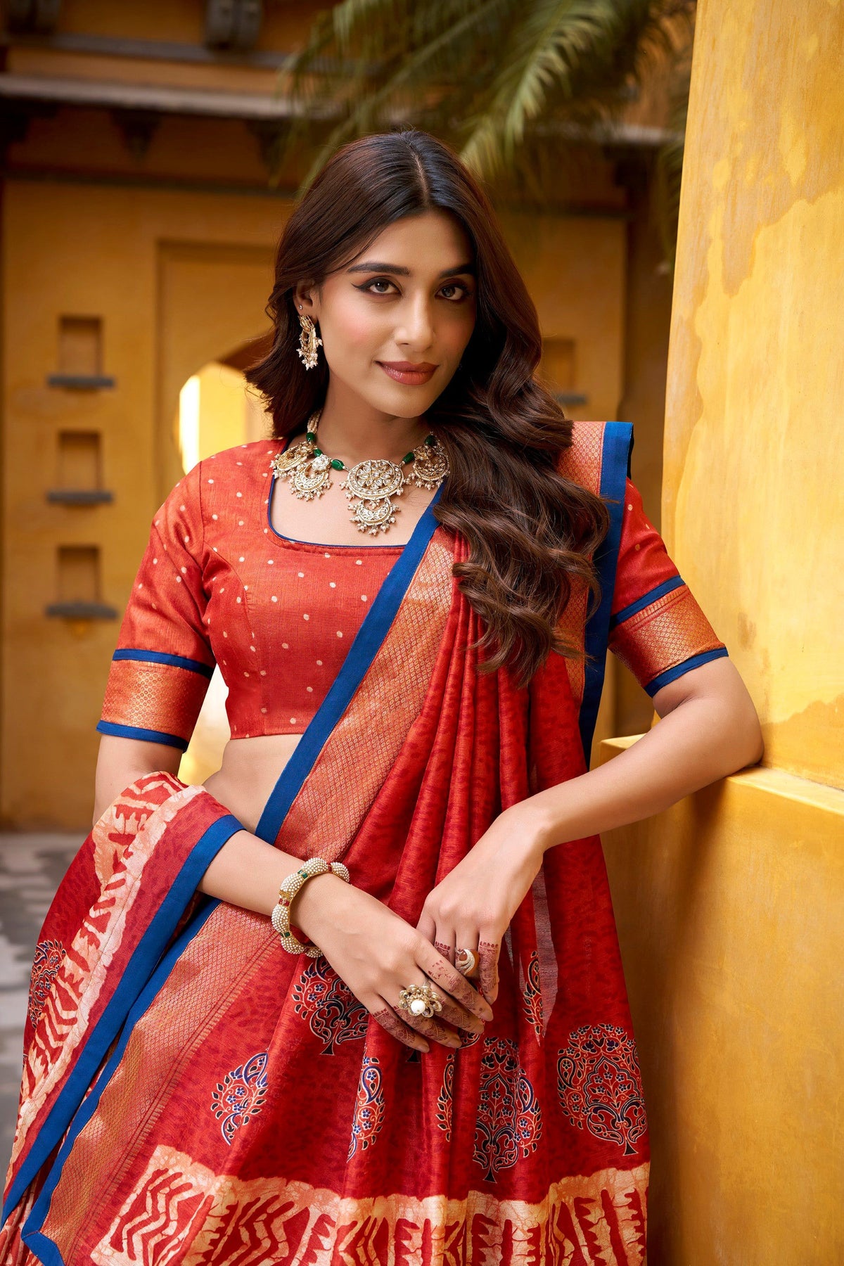 Lorenvalley Fashion Rust Dola Silk Batik Print with Zari Weaving Work Lehenga Choli with Dupatta | Grocsy