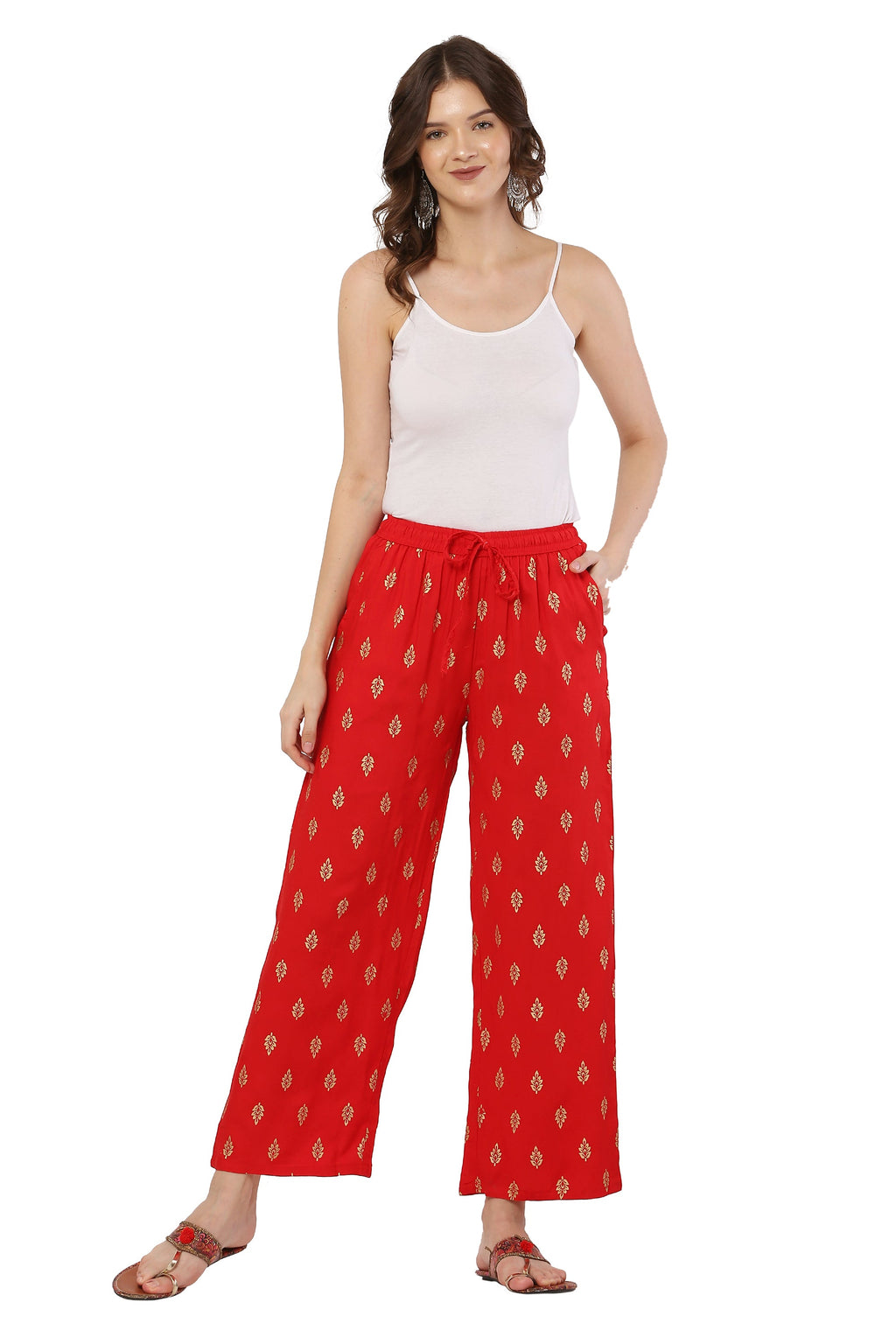 PAVONINE Red Color Full Golden Leaf Print Palazzo For Women Pant | Grocsy