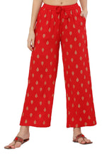 PAVONINE Red Color Full Golden Leaf Print Palazzo For Women Pant | Grocsy