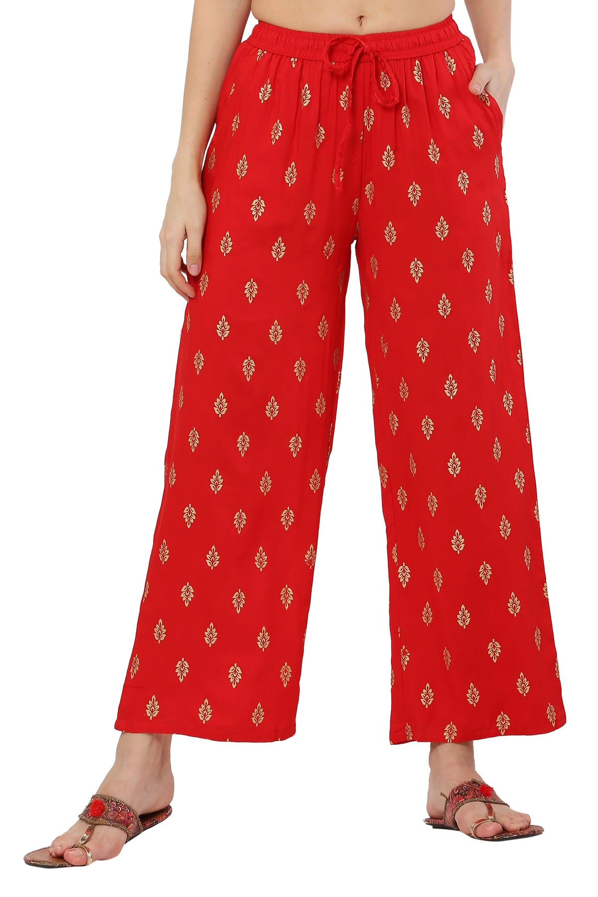 PAVONINE Red Color Full Golden Leaf Print Palazzo For Women Pant | Grocsy