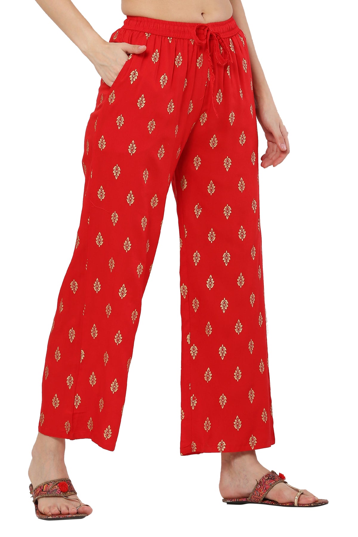 PAVONINE Red Color Full Golden Leaf Print Palazzo For Women Pant | Grocsy