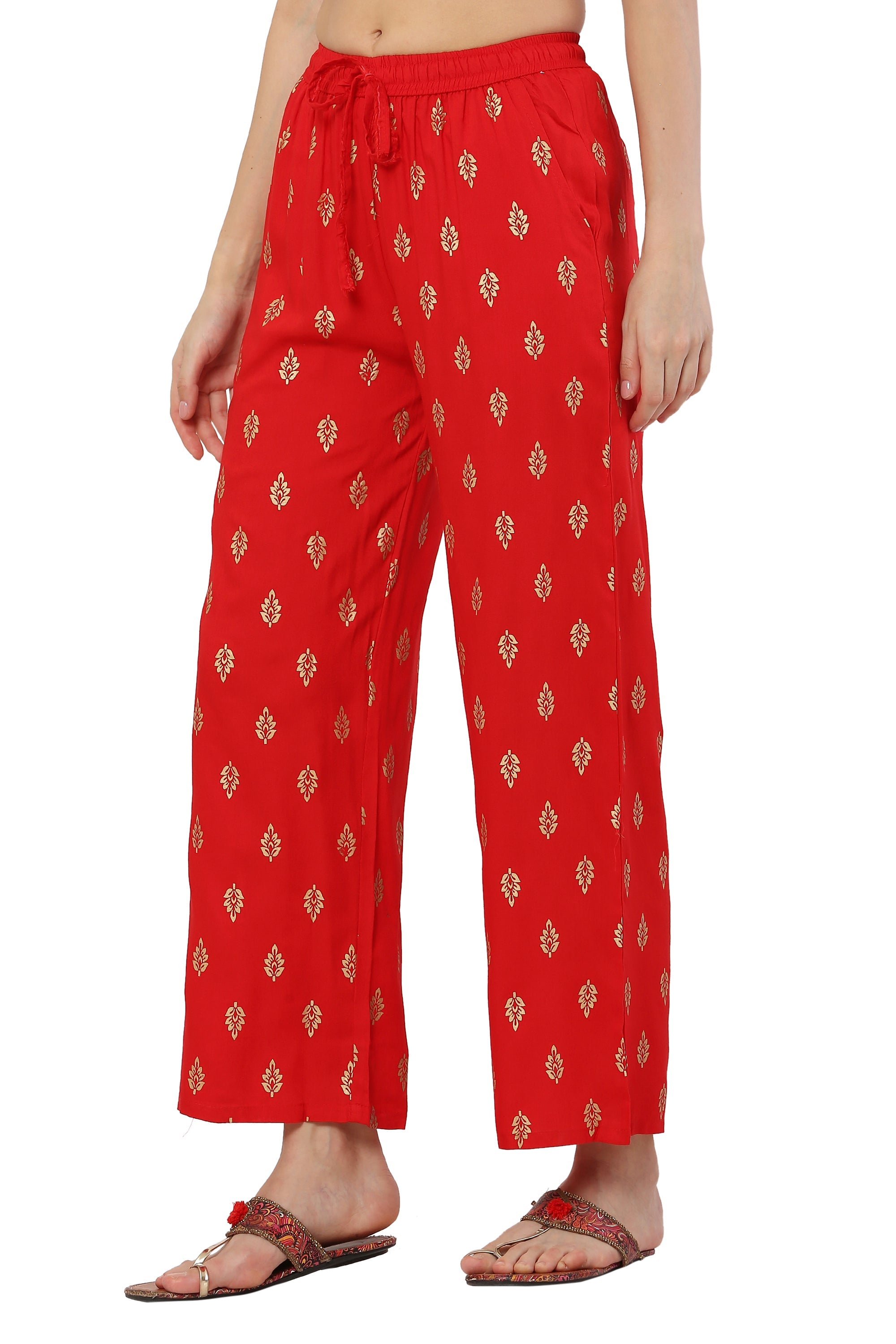 PAVONINE Red Color Full Golden Leaf Print Palazzo For Women Pant | Grocsy