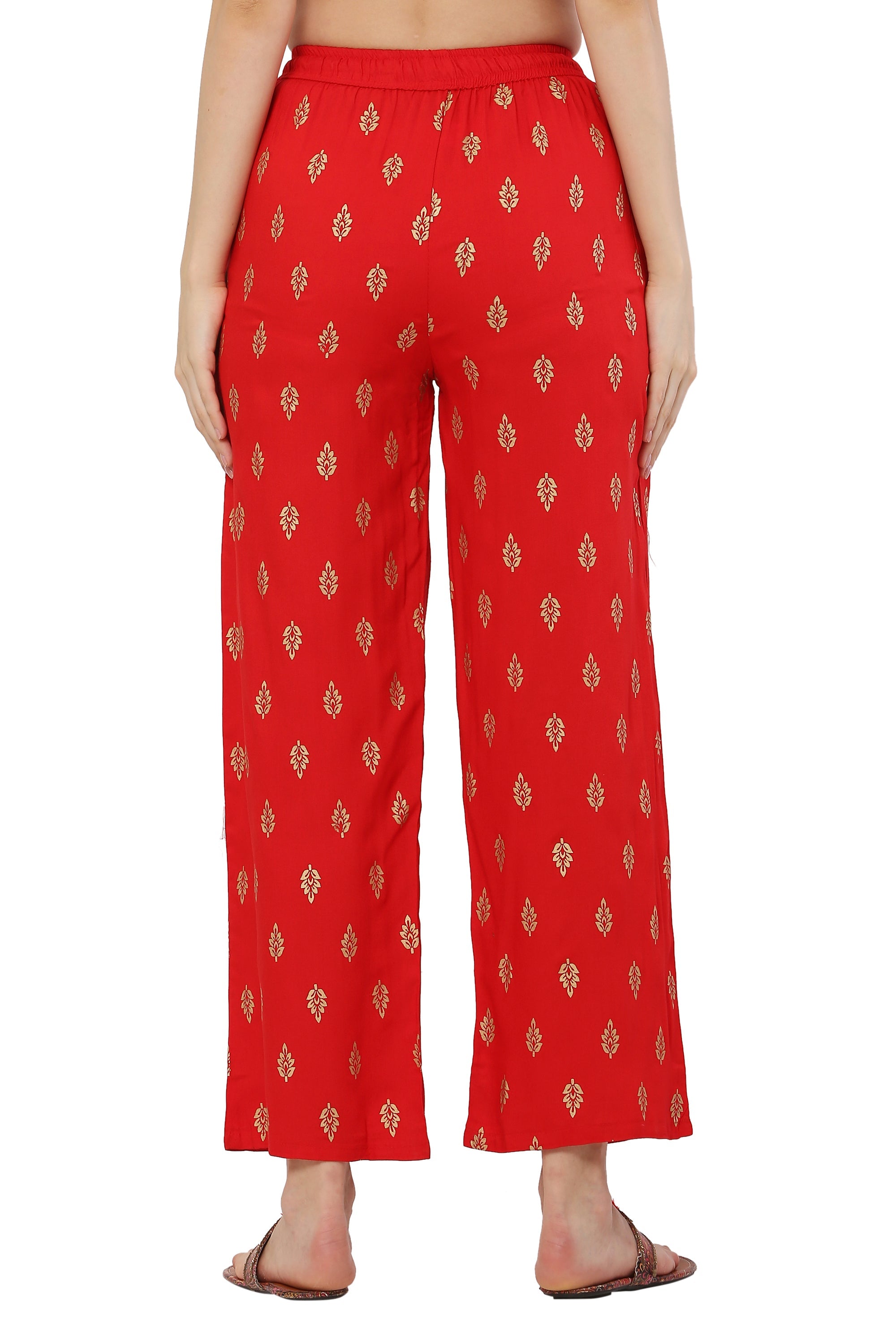 PAVONINE Red Color Full Golden Leaf Print Palazzo For Women Pant | Grocsy